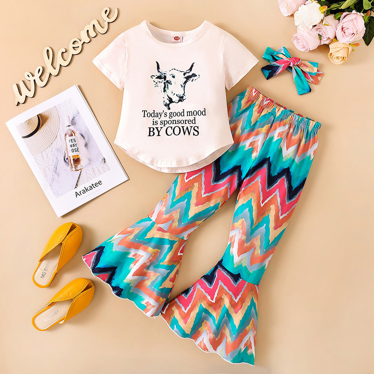 Wholesale Polyester Tops Flare Pants Two Piece Children's Clothing Set